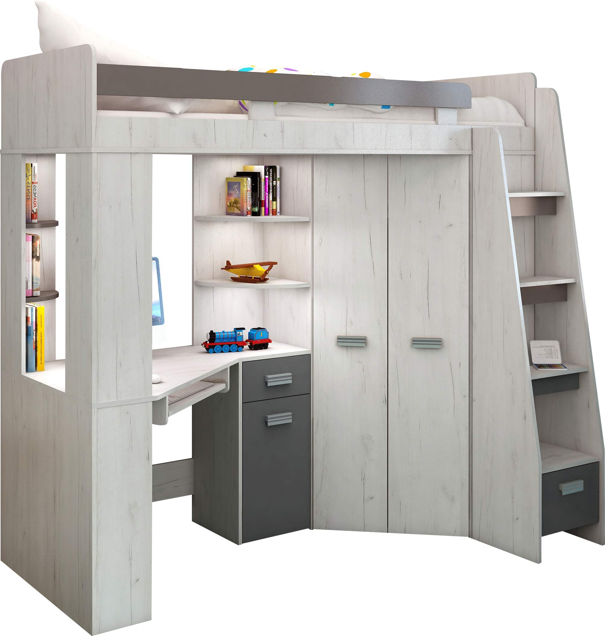 【Furniture】High Sleeper/Bunk Bed - All In 1 Right or Left Hand-side Stairs - Kids/Children Furniture Set