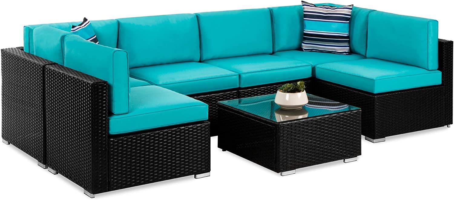 Best Choice Products 7-Piece Modular Outdoor Sectional Wicker Patio Furniture Conversation Sofa Set w/ 6 Chairs, 2 Pillows, Seat Clips, Coffee Table, Cover Included - Gray/Navy