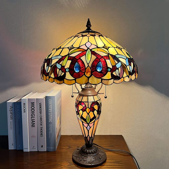 Capulina Tiffany Large Table Lamp 3-Light with Nightlight Rustic Design Vintage Desk Light for Home Living Room Bedr
