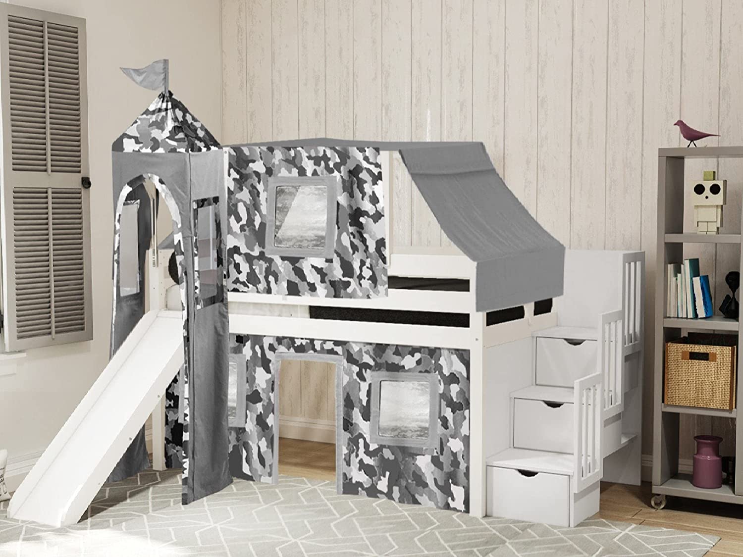 【Furniture】Princess Low Loft Stairway Bed with Slide Pink & White Tent & Tower, Loft Bed, Twin, White