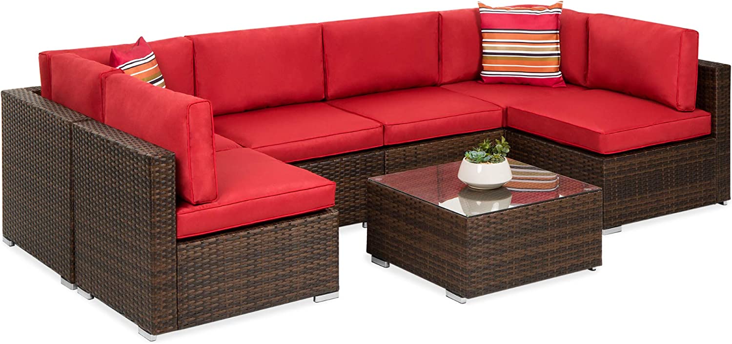 Best Choice Products 7-Piece Modular Outdoor Sectional Wicker Patio Furniture Conversation Sofa Set w/ 6 Chairs, 2 Pillows, Seat Clips, Coffee Table, Cover Included - Gray/Navy
