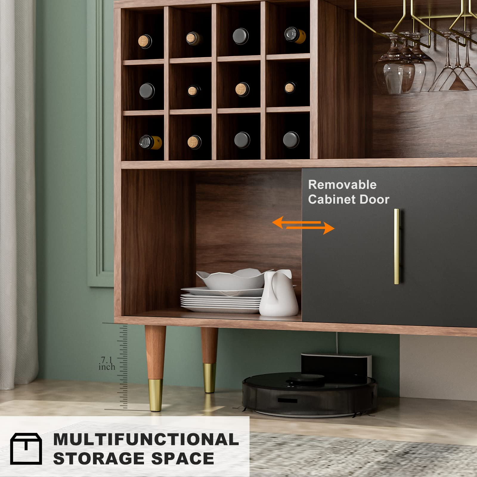 【Furniture】Accent Kitchen Buffet Sideboard with Storage, Wood Cabinet Server Cupboard with 12 Wine Bottle Rack