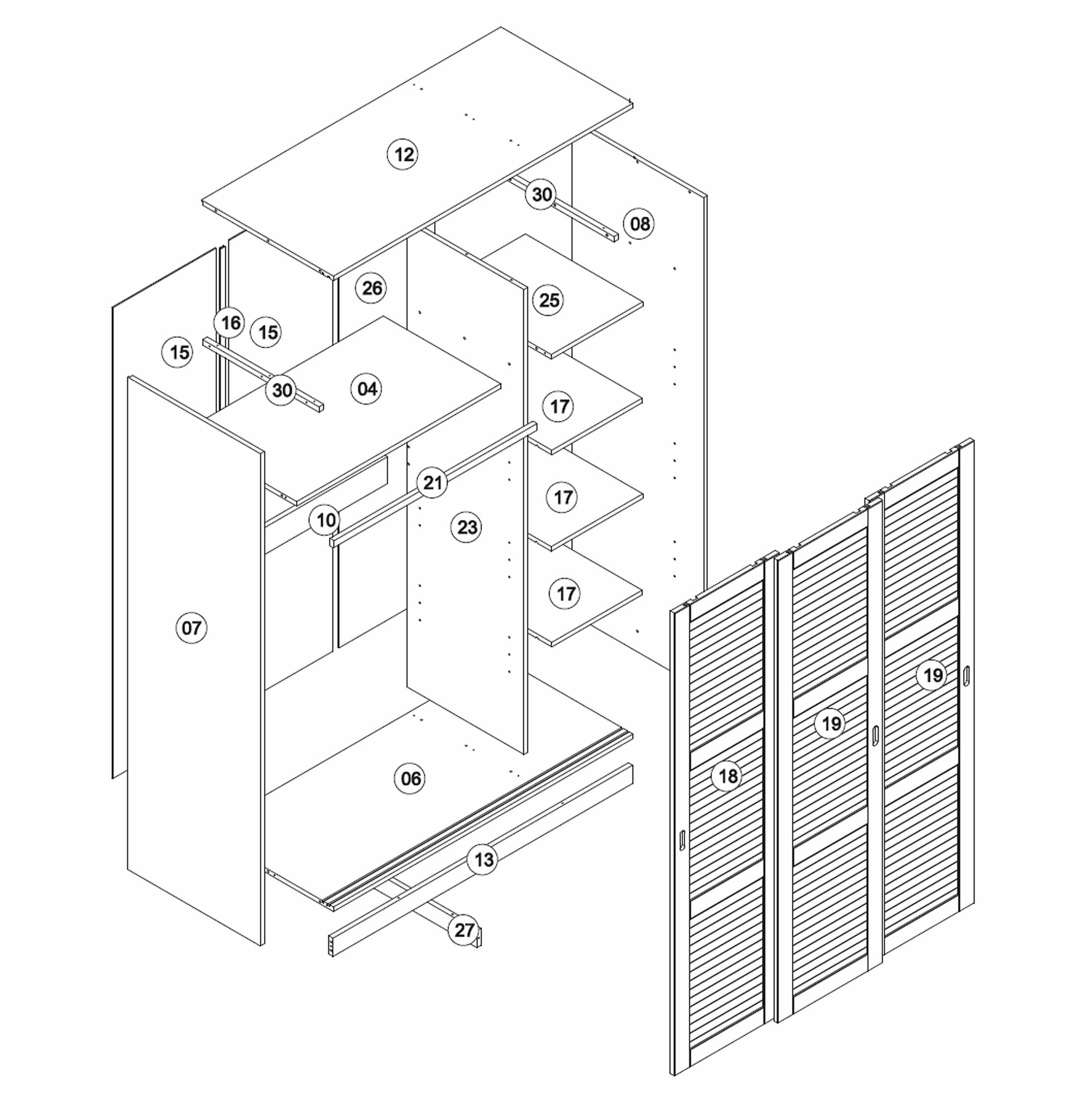 【Furniture】100% Solid Wood Wardrobe with 3 Sliding Louvered Doors, 5 Shelves Included