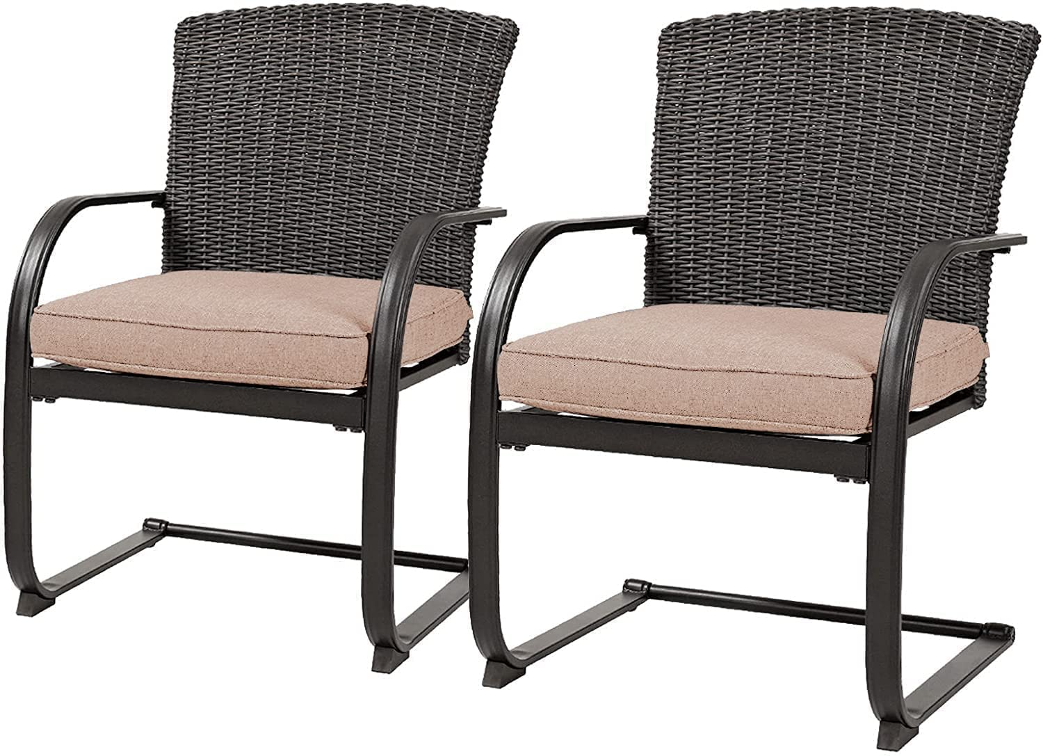 【Furniture】Outdoor 7 Pcs Dining Table Set, Modern Woodgrain-Look Metal Table & Wicker Chairs for 6
