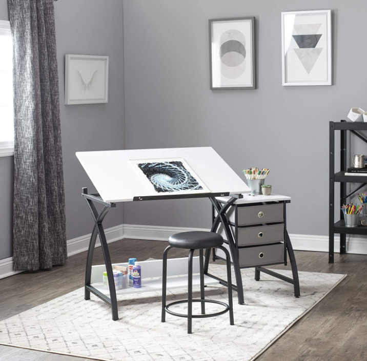 SD STUDIO DESIGNS 2 Piece Comet Craft Table | Angle Adjustable Top and Stool | Black/White