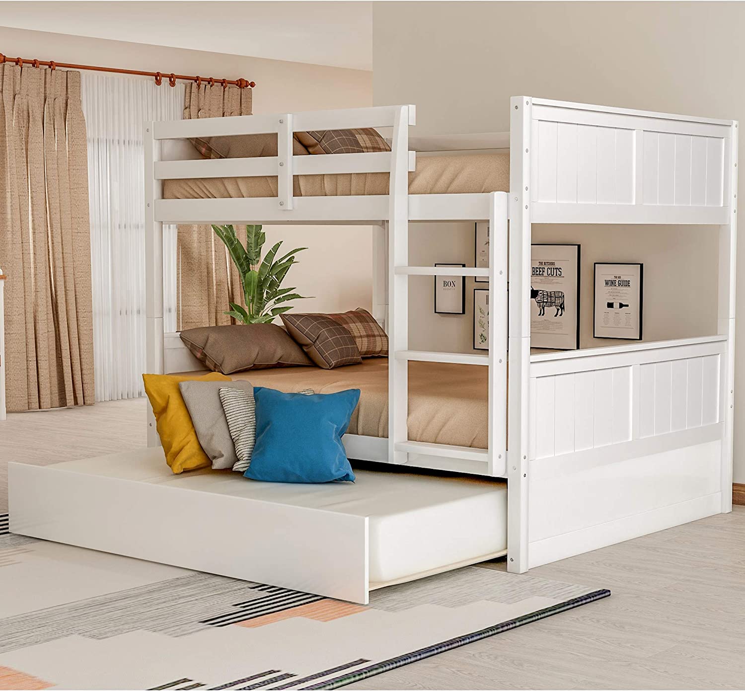 【Furniture】Full Over Full Bunk Bed for Kids Teens, Detachable Wood Full Bunk Bed Frame with Trundle