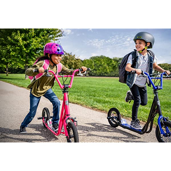 Mongoose Expo Youth Scooter, Front and Rear Caliper Brakes, Rear Axle Pegs, 12-Inch Inflatable Wheels, Non Electric Green/Grey