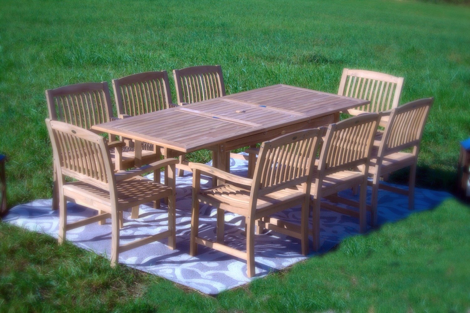 【Furniture】9 Piece Teak Patio Dining Set, 8 Grade A Teak Dining Chairs & 1 Extendable Dining Table