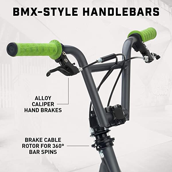 Mongoose Expo Youth Scooter, Front and Rear Caliper Brakes, Rear Axle Pegs, 12-Inch Inflatable Wheels, Non Electric Green/Grey