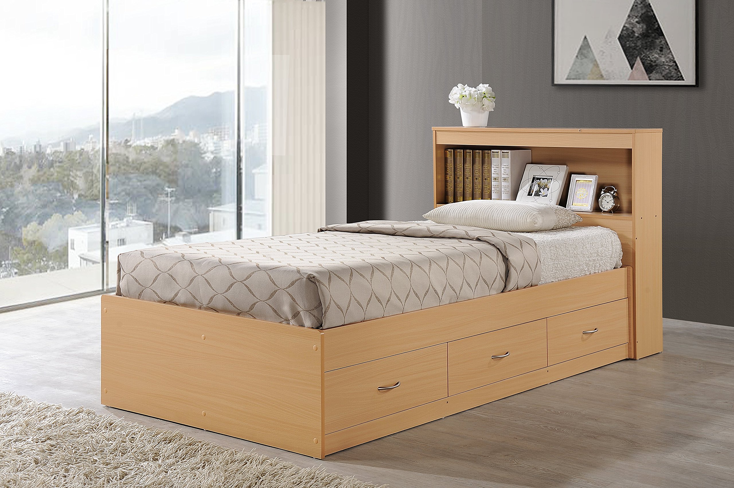 【Furniture】Hodedah Twin-Size Captain Bed with 3-Drawers and Headboard in Black