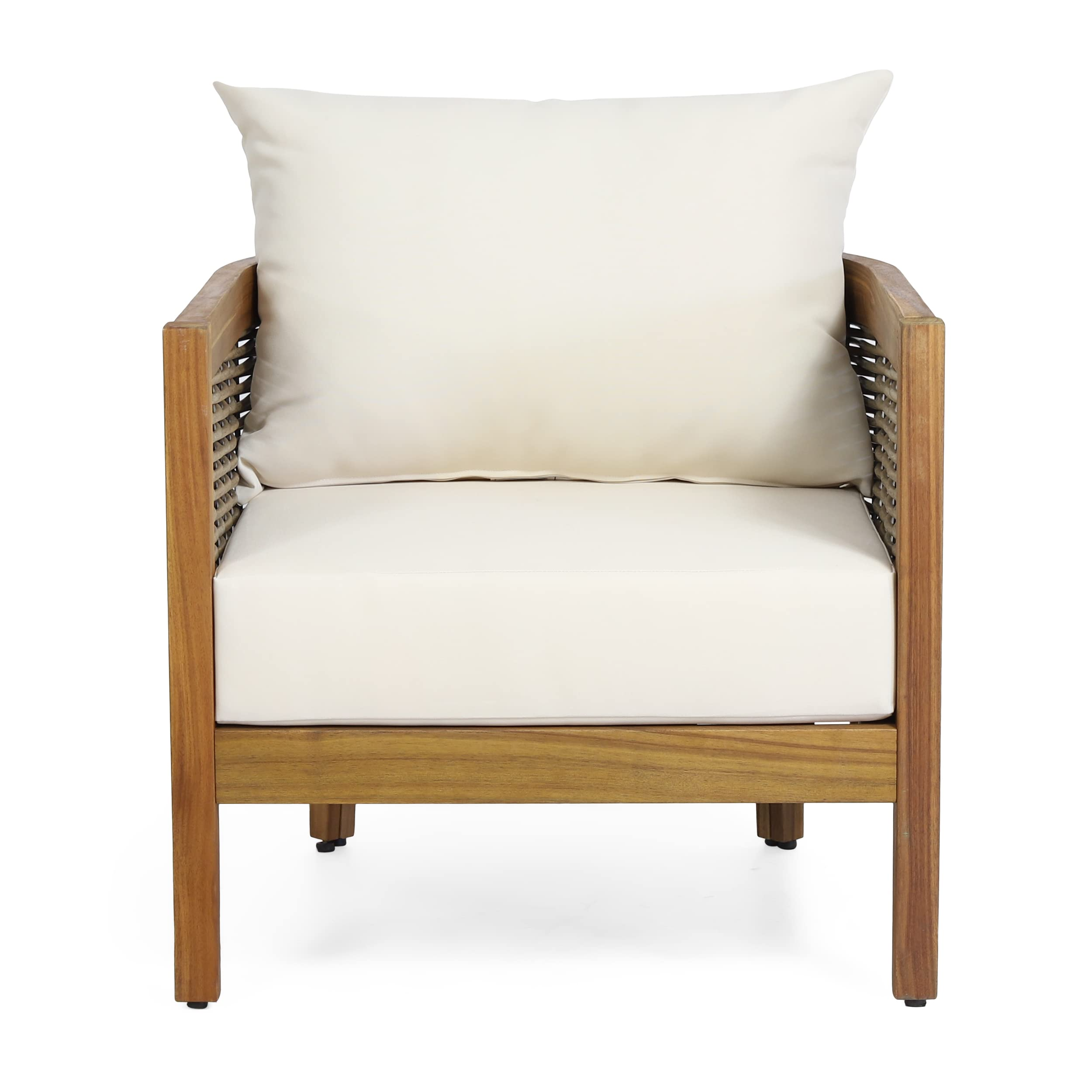 【Furniture】Burchett Outdoor 4 Pcs Chat Set - Acacia Wood and Wicker - Teak/Mixed Brown/Beige