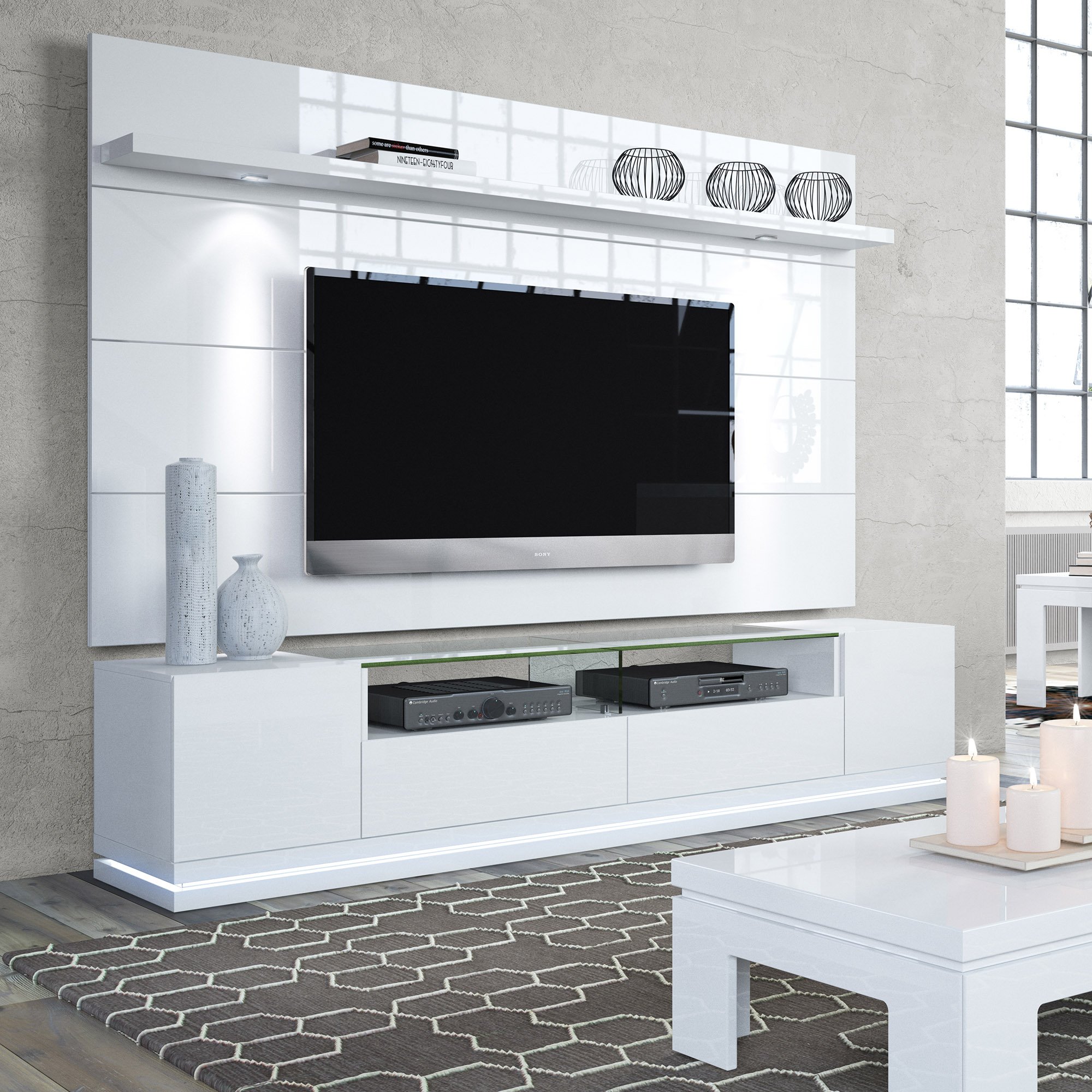 【Furniture】Vanderbilt TV Stand and Cabrini 2.2 Floating Wall TV Panel with LED Lights