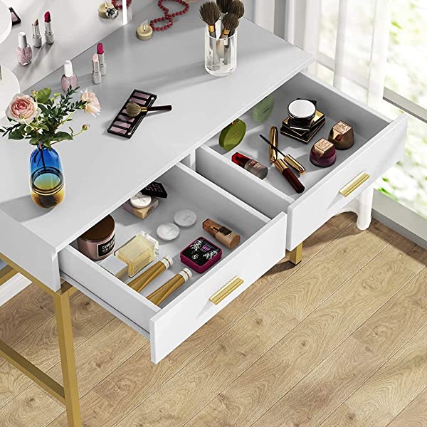 Vanity Set with LED Lighted Mirror and Cushioned Stool, Large Vanity Table Dressing Table Desk with Storage Shelves and 2 Drawers for Bedroom (Gold/w Lights)