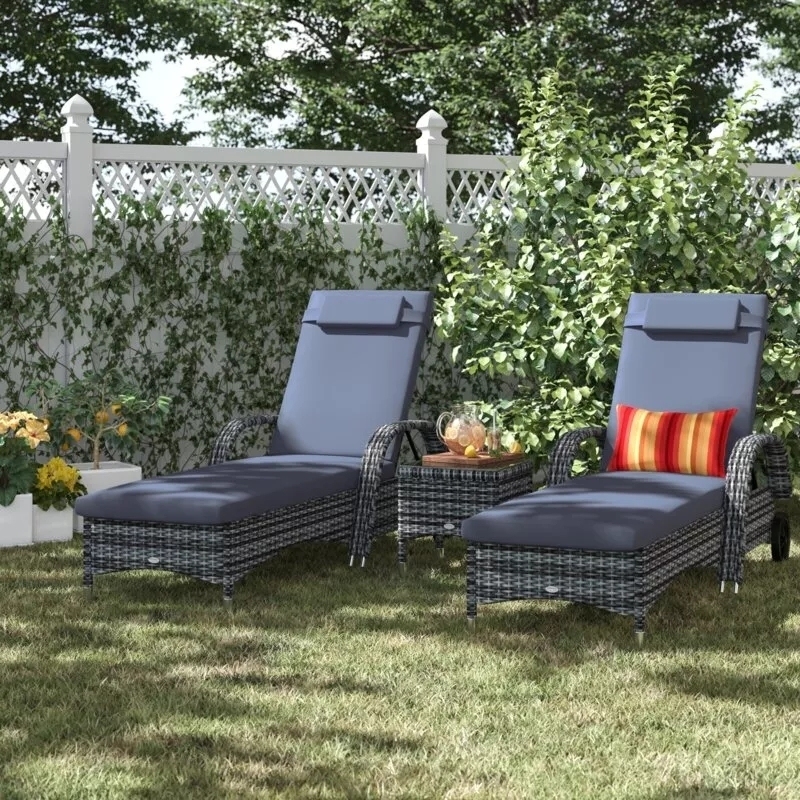 200CM LONG RECLINING SUN LOUNGER SET WITH CUSHIONS AND TABLE
