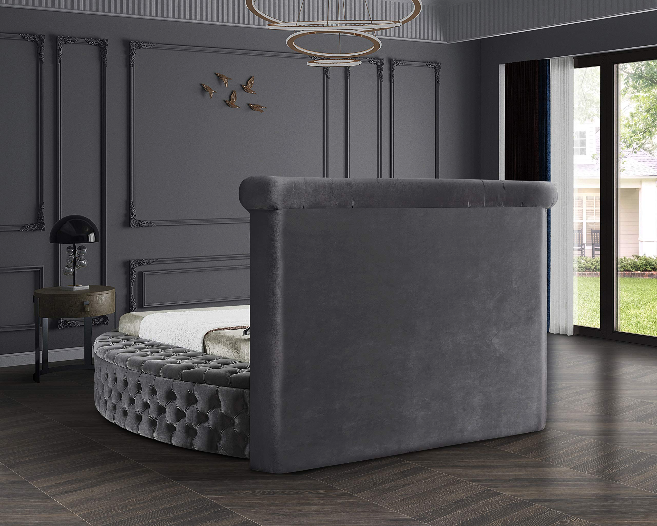 【Furniture】Contemporary Round Shaped Velvet Upholstered Bed with Deep Button Tufting & Footboard Storage, King