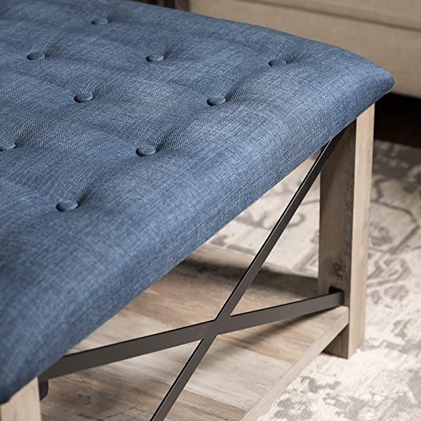 Walker Edison Cambridge Modern Farmhouse Metal X Tufted Ottoman, 30 Inch, Grey Grey Upholstered Ottoman