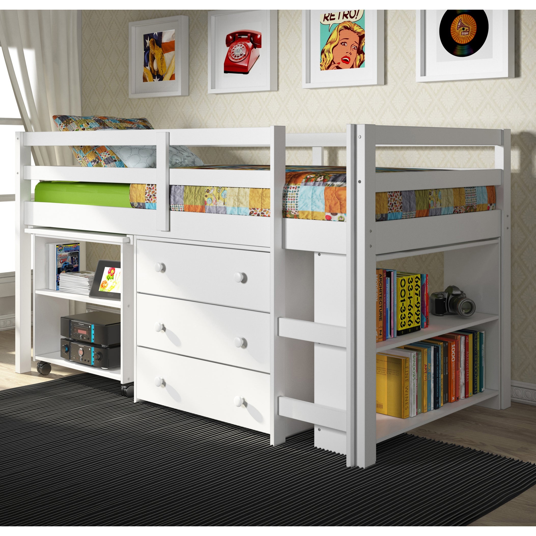 Donco Kids Low Study Loft Desk Twin Bed with Chest and Bookcase